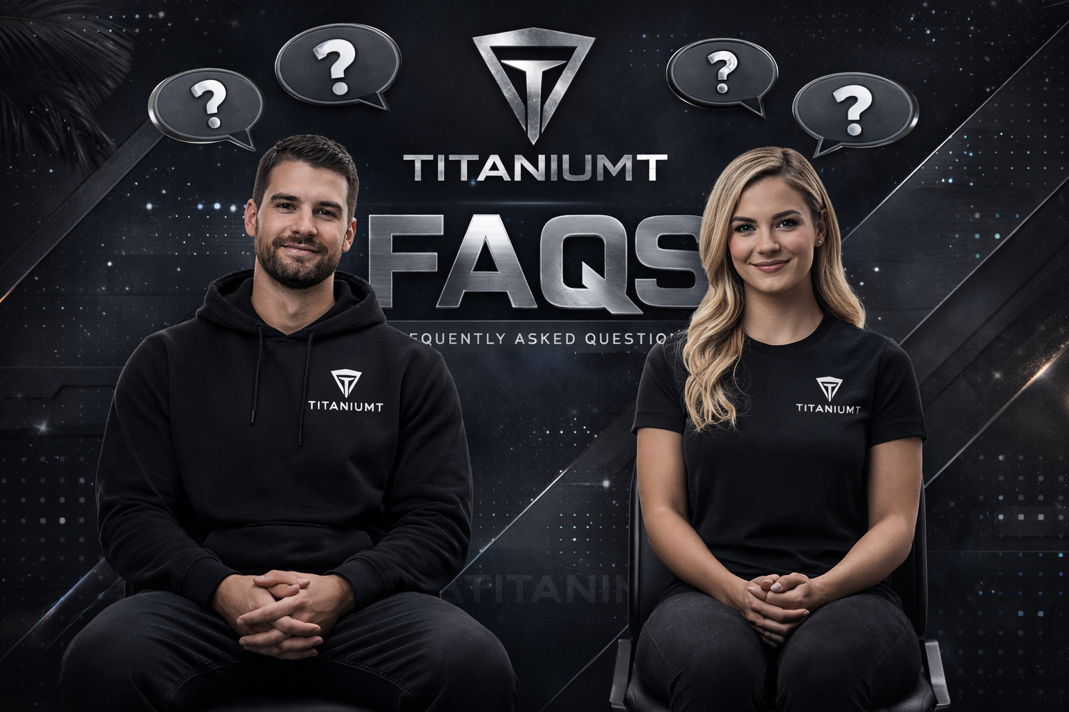 Two people sitting in front of a TitaniumMT branded background with question marks and 'FAQs' text.