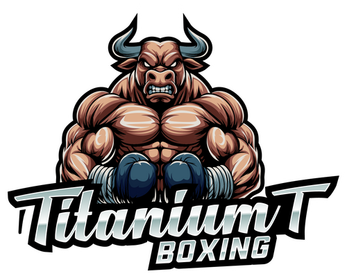 Logo of a muscular bull with 'Titanium T Boxing' text on a white background