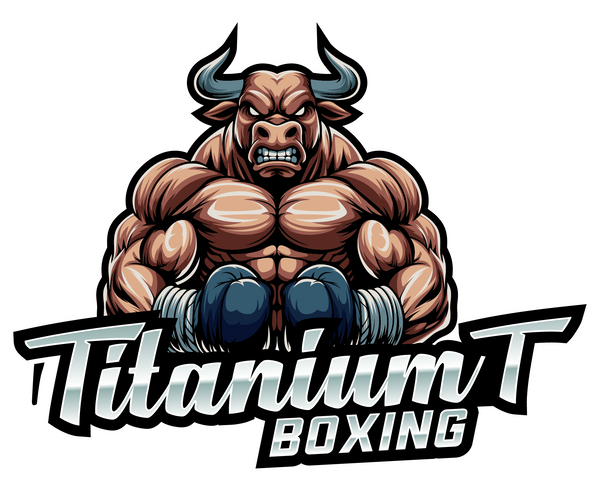 Logo of a muscular bull with 'Titanium T Boxing' text on a white background